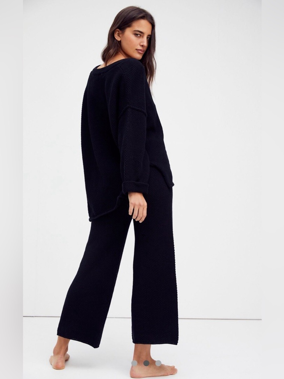 Free People Beach Hailee Knit Wide Leg Pants Black Textured Lounge Large